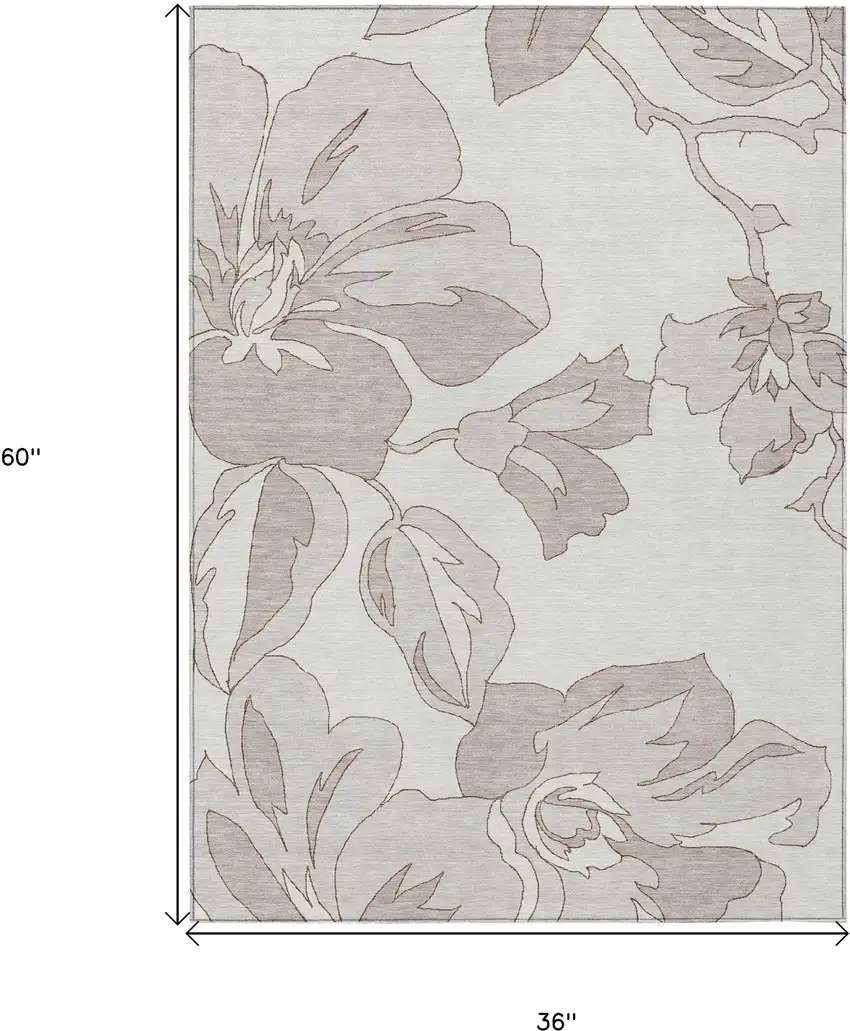 Ivory Beige And Taupe Floral Washable Indoor Outdoor Area Rug Photo 3
