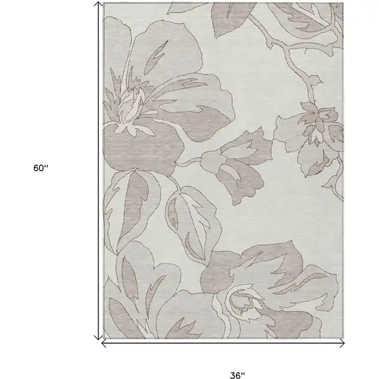 Ivory Beige And Taupe Floral Washable Indoor Outdoor Area Rug Photo 3