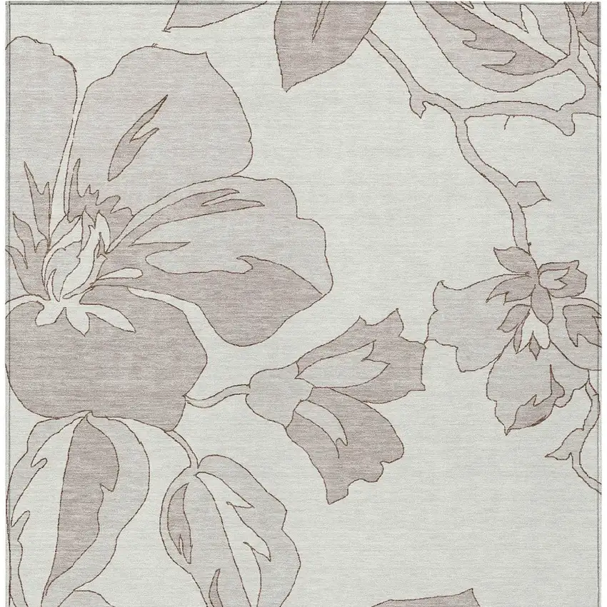 Ivory Beige And Taupe Floral Washable Indoor Outdoor Area Rug Photo 7