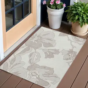 Photo of Ivory Beige And Taupe Floral Washable Indoor Outdoor Area Rug
