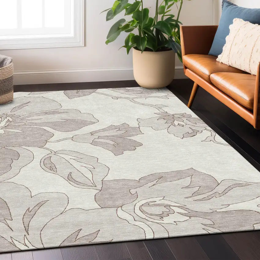 Ivory Beige And Taupe Floral Washable Indoor Outdoor Area Rug Photo 8