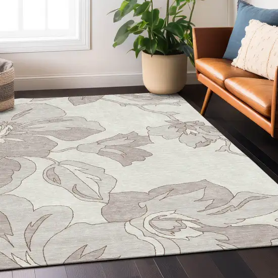 Ivory Beige And Taupe Floral Washable Indoor Outdoor Area Rug Photo 8