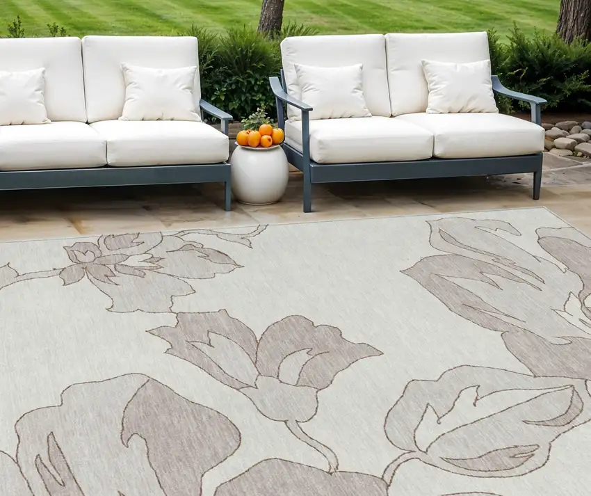 Ivory Beige And Taupe Floral Washable Indoor Outdoor Area Rug Photo 1