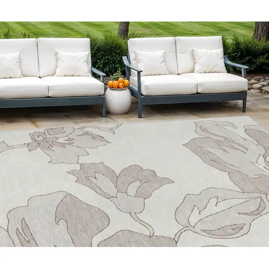 Ivory Beige And Taupe Floral Washable Indoor Outdoor Area Rug Photo 1