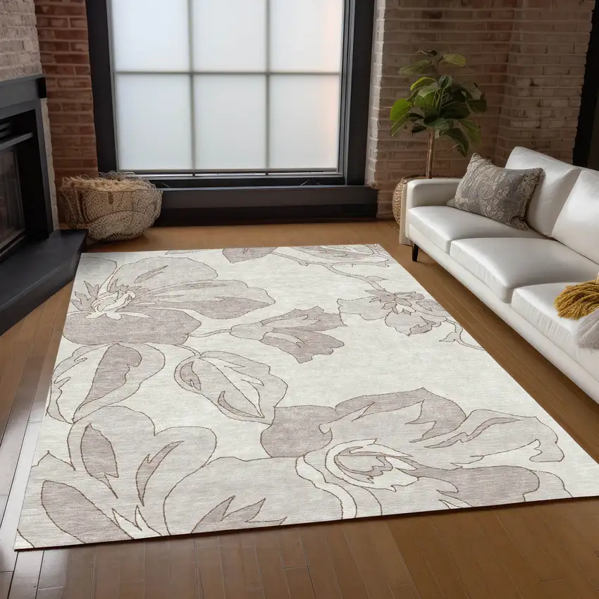 Ivory Beige And Taupe Floral Washable Indoor Outdoor Area Rug Photo 9