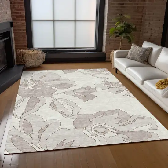Ivory Beige And Taupe Floral Washable Indoor Outdoor Area Rug Photo 9