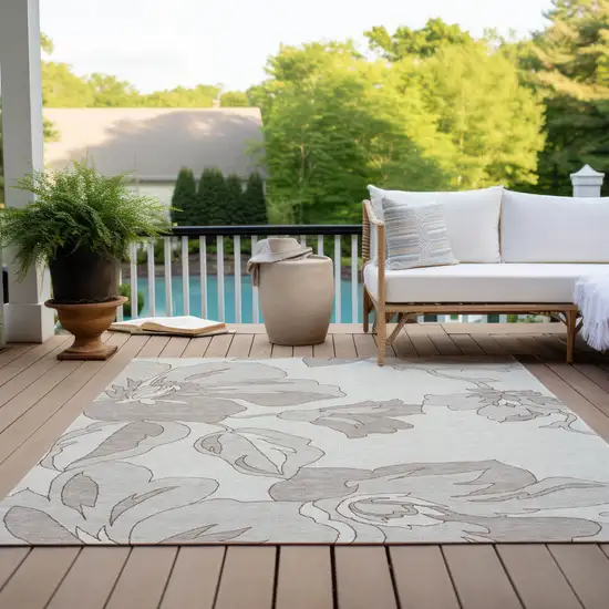 Ivory Beige And Taupe Floral Washable Indoor Outdoor Area Rug Photo 9