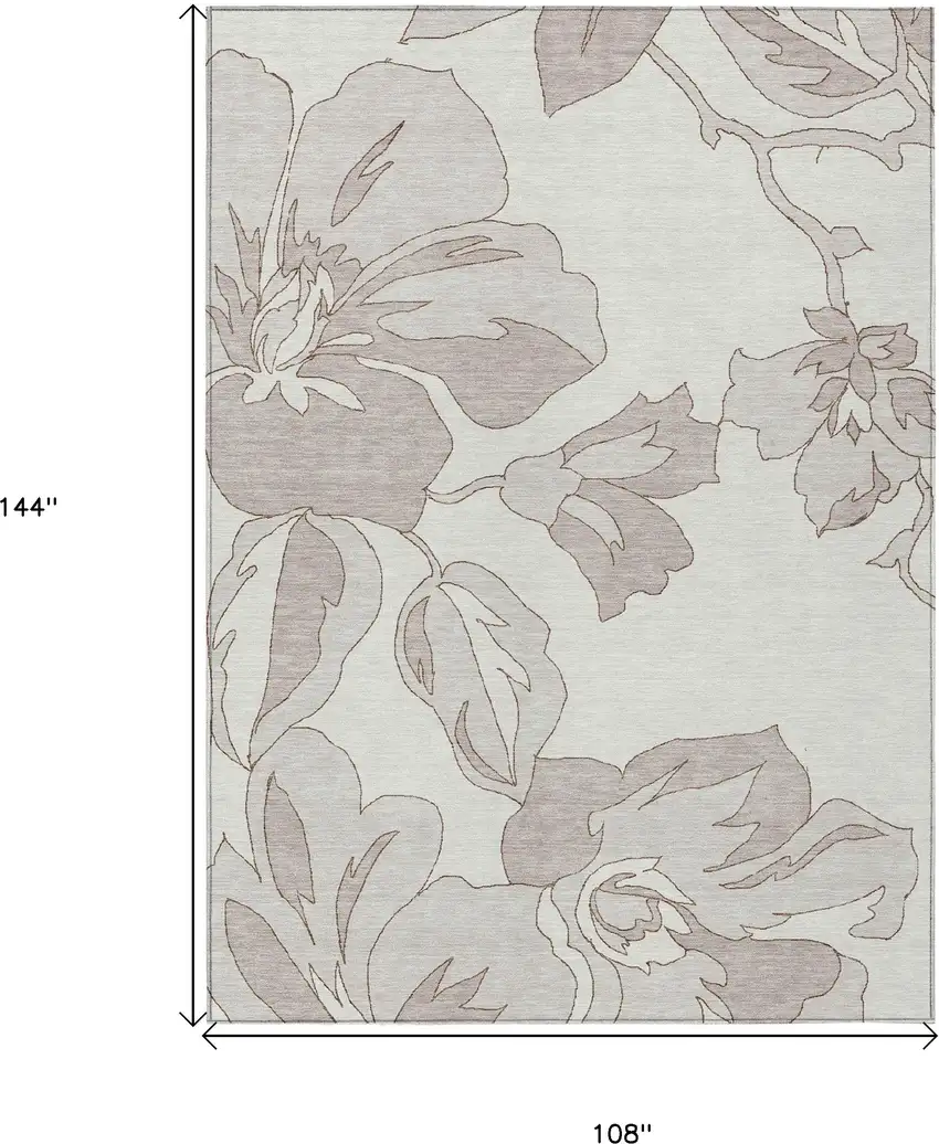 Ivory Beige And Taupe Floral Washable Indoor Outdoor Area Rug Photo 3