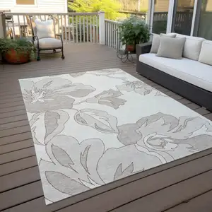 Photo of Ivory Beige And Taupe Floral Washable Indoor Outdoor Area Rug