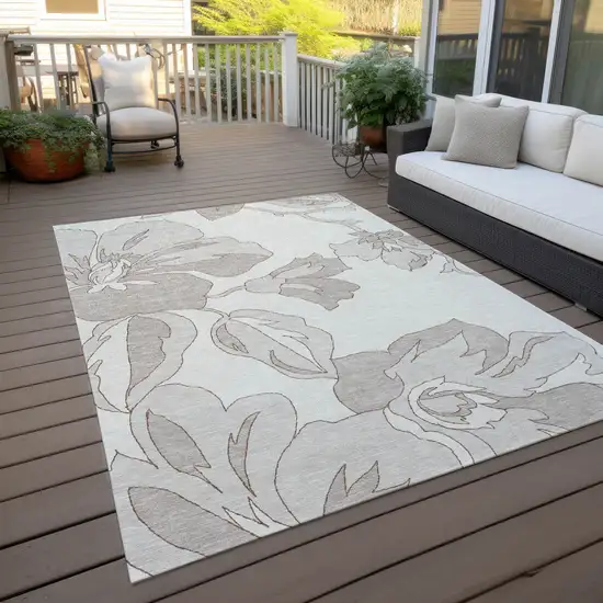 Ivory Beige And Taupe Floral Washable Indoor Outdoor Area Rug Photo 7