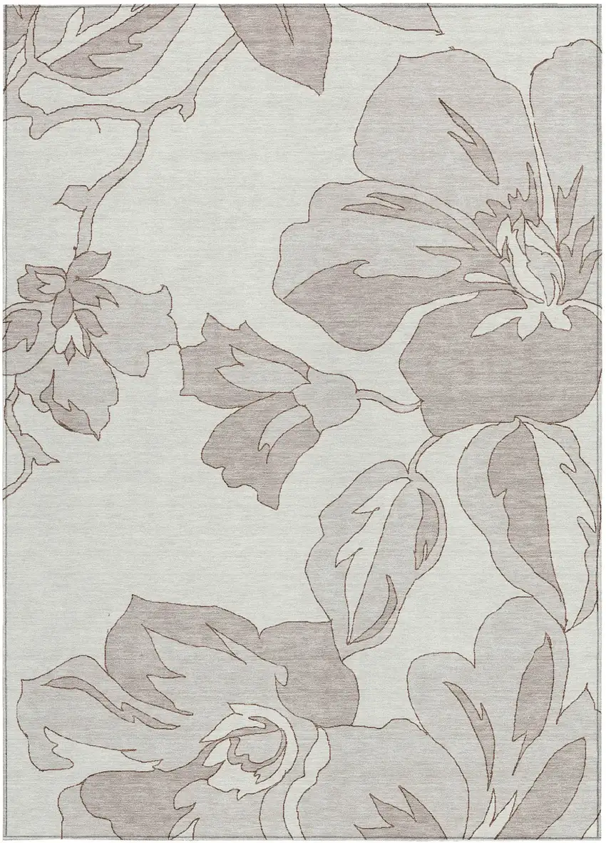 Ivory Beige And Taupe Floral Washable Indoor Outdoor Area Rug Photo 6