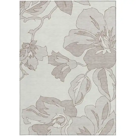 Ivory Beige And Taupe Floral Washable Indoor Outdoor Area Rug Photo 6