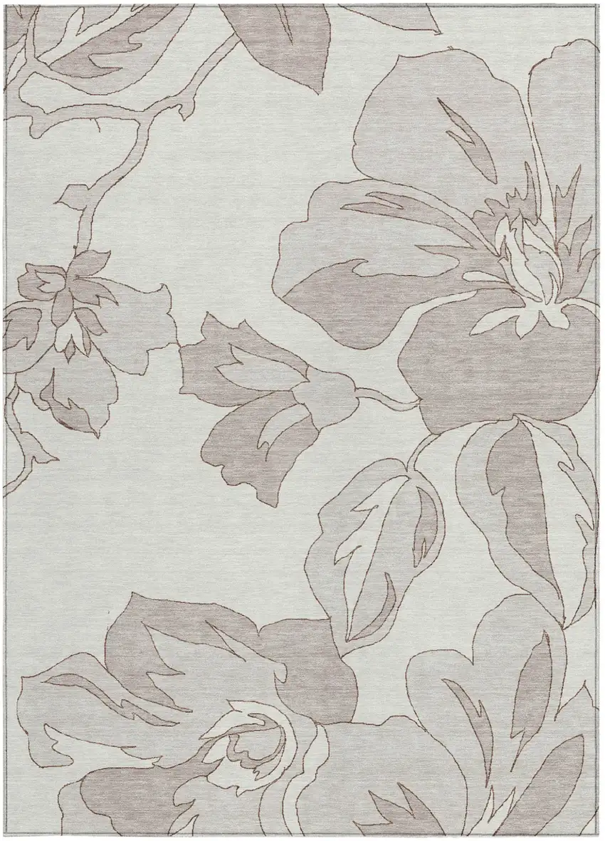 Ivory Beige And Taupe Floral Washable Indoor Outdoor Area Rug Photo 6
