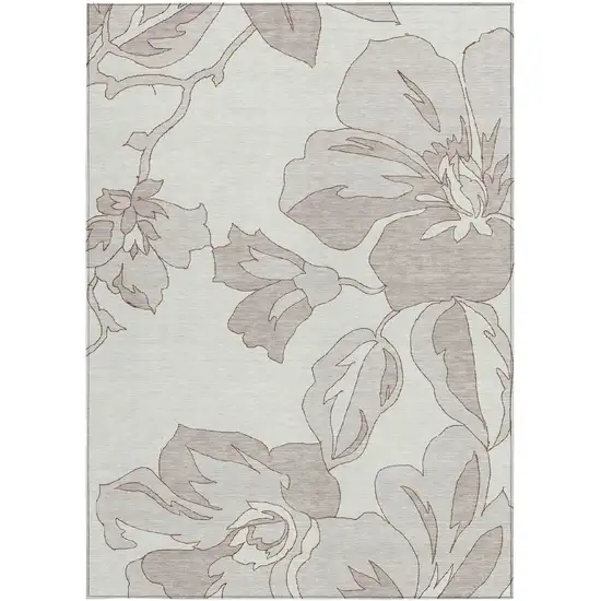 Ivory Beige And Taupe Floral Washable Indoor Outdoor Area Rug Photo 6