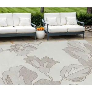 Photo of Ivory Beige And Taupe Floral Washable Indoor Outdoor Area Rug