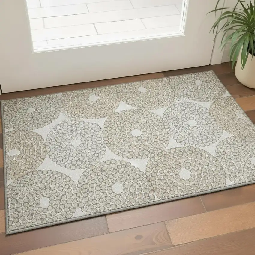 Ivory Beige And Taupe Geometric Washable Area Rug With UV Protection Photo 2