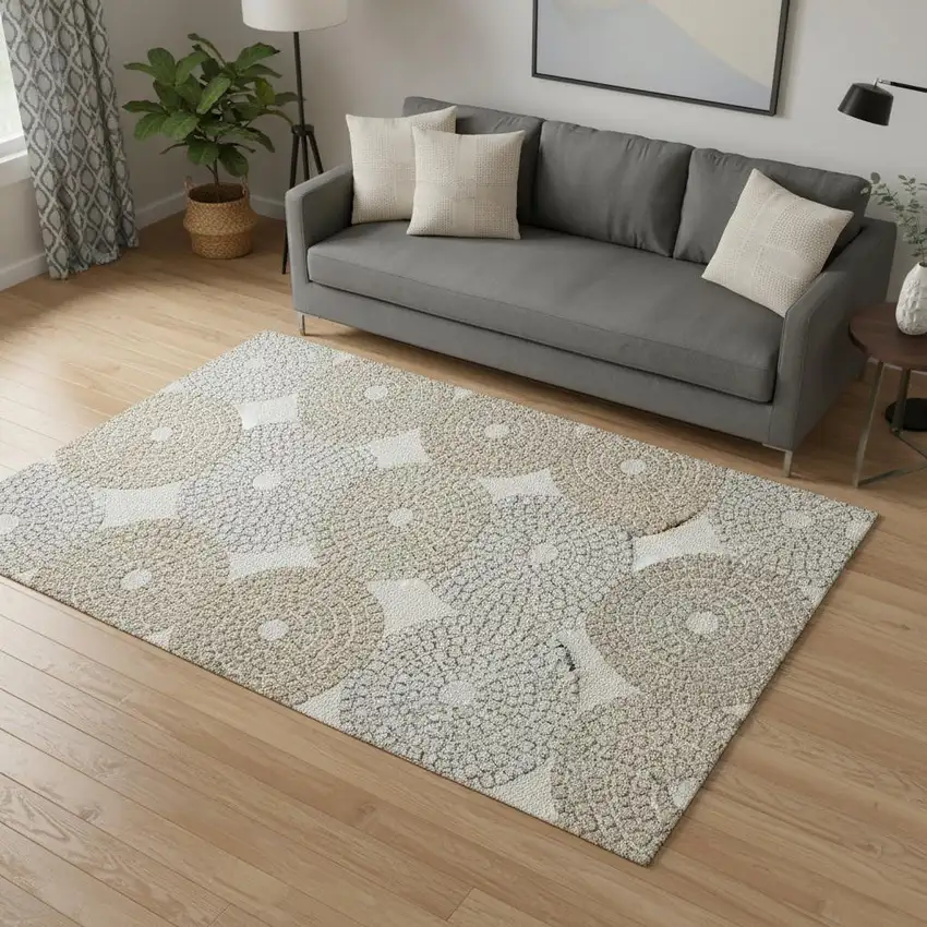 Ivory Beige And Taupe Geometric Washable Area Rug With UV Protection Photo 2