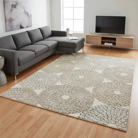 Ivory Beige And Taupe Geometric Washable Area Rug With UV Protection Photo 2
