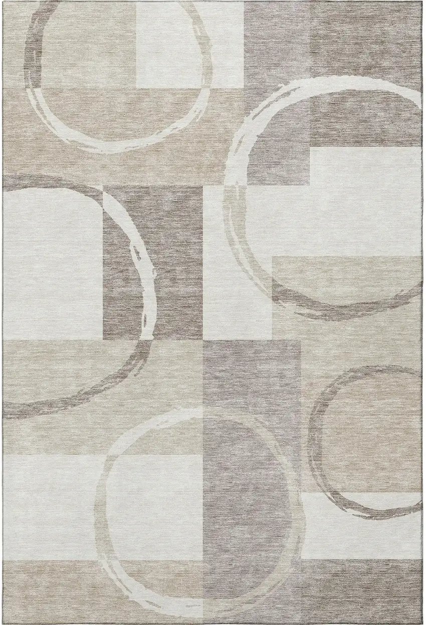 Ivory Beige And Taupe Geometric Washable Area Rug With UV Protection Photo 3
