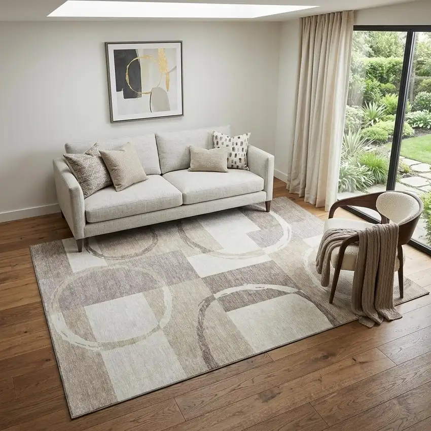 Ivory Beige And Taupe Geometric Washable Area Rug With UV Protection Photo 1