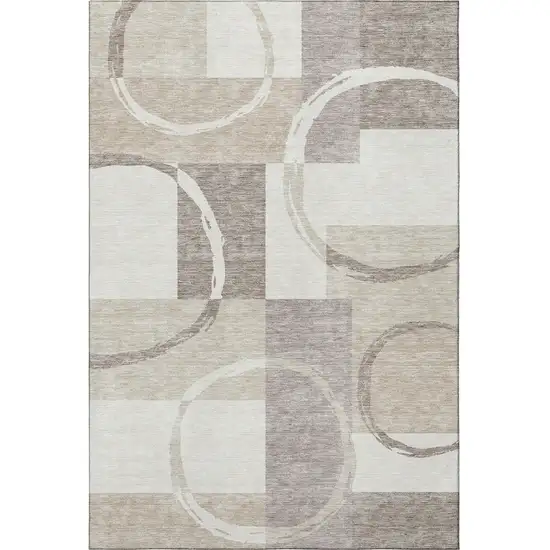 Ivory Beige And Taupe Geometric Washable Area Rug With UV Protection Photo 3