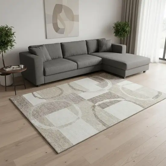 Ivory Beige And Taupe Geometric Washable Area Rug With UV Protection Photo 2