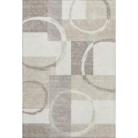 Ivory Beige And Taupe Geometric Washable Area Rug With UV Protection Photo 1