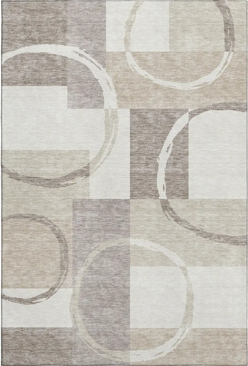 Ivory Beige And Taupe Geometric Washable Area Rug With UV Protection Photo 1