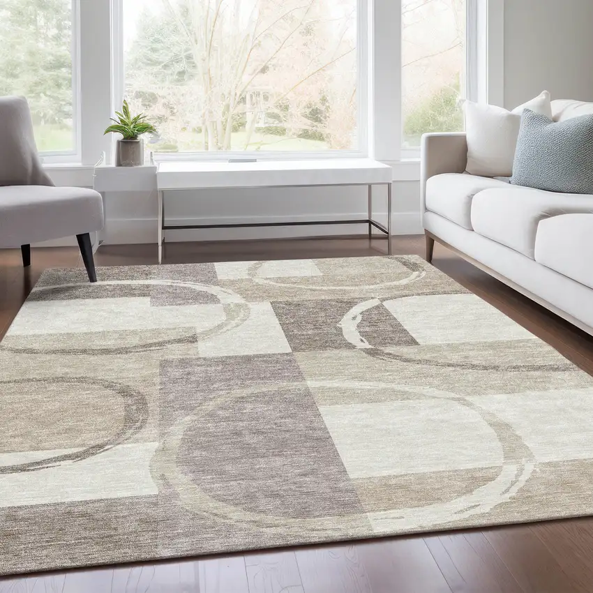 Ivory Beige And Taupe Geometric Washable Area Rug With UV Protection Photo 5