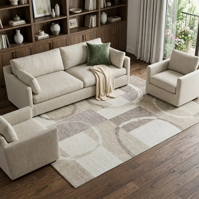Ivory Beige And Taupe Geometric Washable Area Rug With UV Protection Photo 1