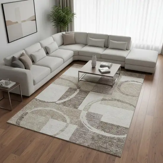 Ivory Beige And Taupe Geometric Washable Area Rug With UV Protection Photo 2