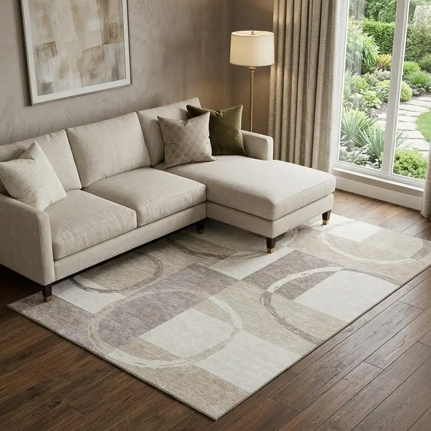 Ivory Beige And Taupe Geometric Washable Area Rug With UV Protection Photo 1