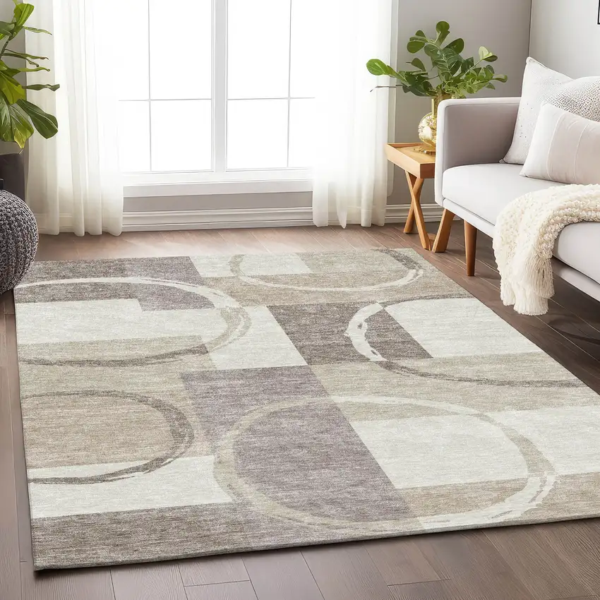 Ivory Beige And Taupe Geometric Washable Area Rug With UV Protection Photo 4