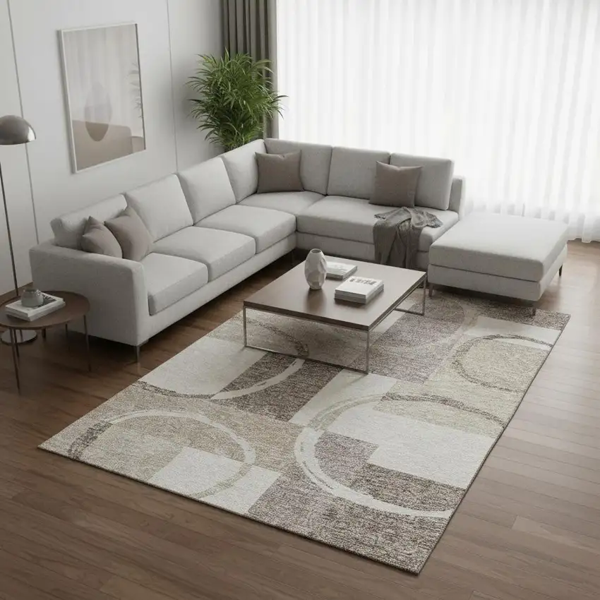 Ivory Beige And Taupe Geometric Washable Area Rug With UV Protection Photo 2