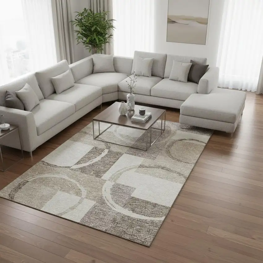 Ivory Beige And Taupe Geometric Washable Area Rug With UV Protection Photo 2