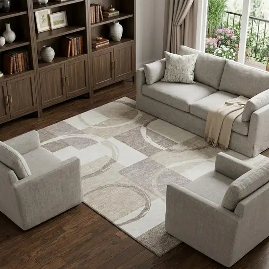 Ivory Beige And Taupe Geometric Washable Area Rug With UV Protection Photo 1