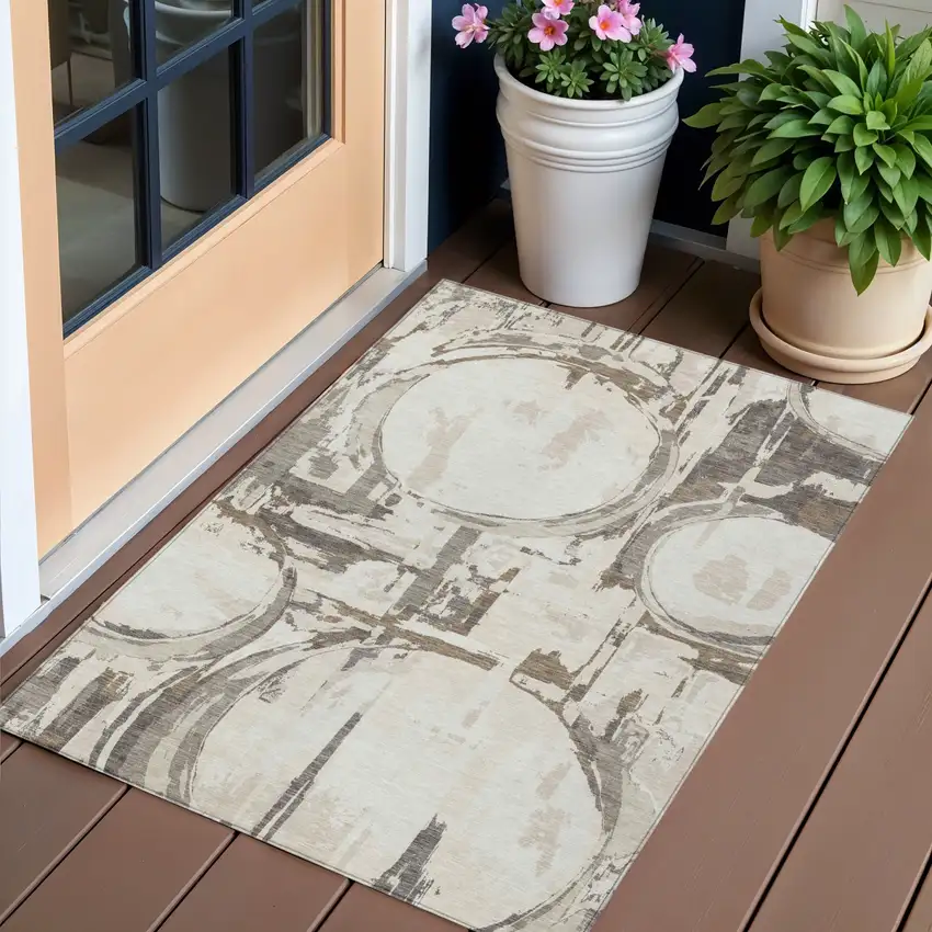 Ivory Beige And Taupe Geometric Washable Indoor Outdoor Area Rug Photo 1