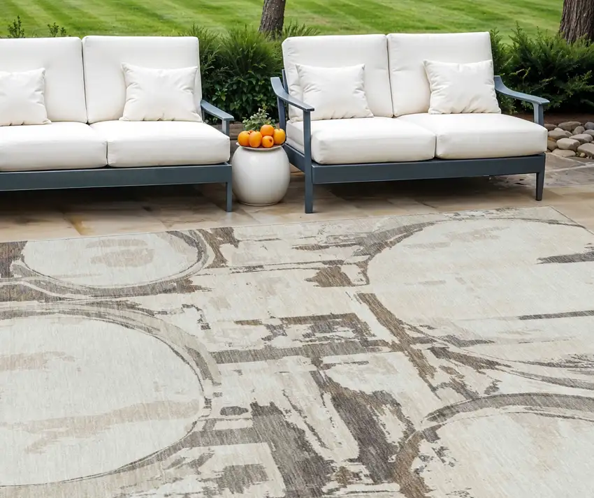 Ivory Beige And Taupe Geometric Washable Indoor Outdoor Area Rug Photo 1