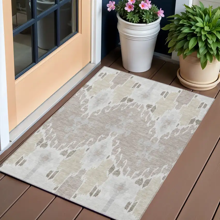 Ivory Beige And Taupe Ikat Washable Indoor Outdoor Area Rug Photo 1
