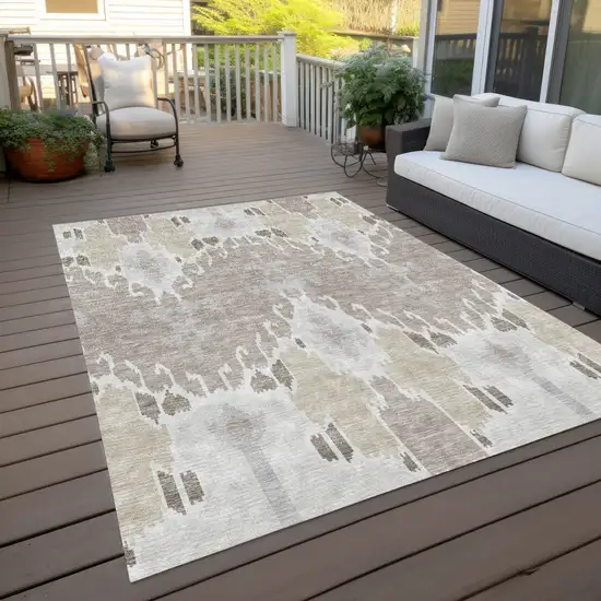 Ivory Beige And Taupe Ikat Washable Indoor Outdoor Area Rug Photo 8