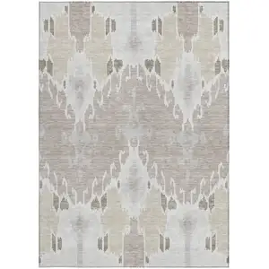 Photo of Ivory Beige And Taupe Ikat Washable Indoor Outdoor Area Rug