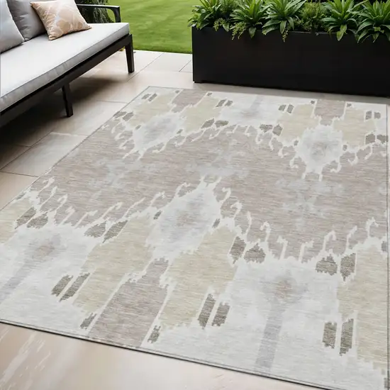 Ivory Beige And Taupe Ikat Washable Indoor Outdoor Area Rug Photo 1