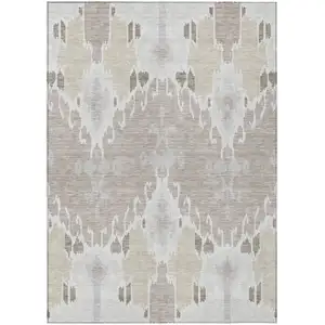 Photo of Ivory Beige And Taupe Ikat Washable Indoor Outdoor Area Rug