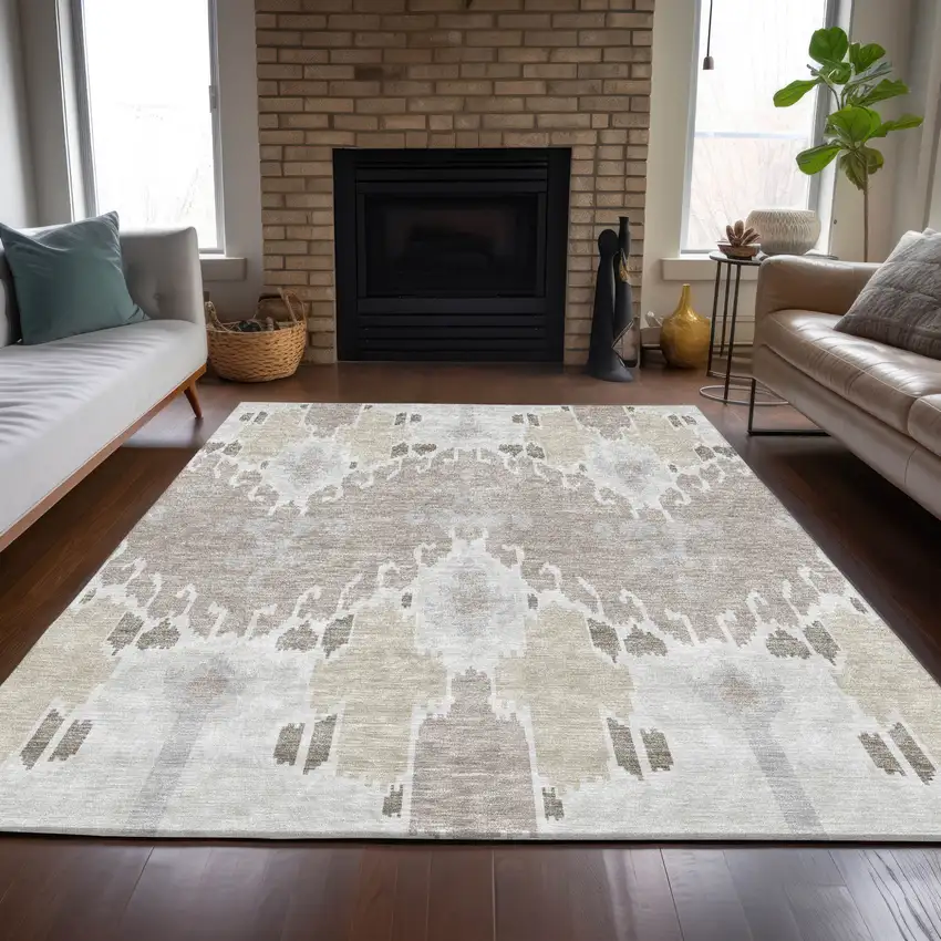 Ivory Beige And Taupe Ikat Washable Indoor Outdoor Area Rug Photo 7