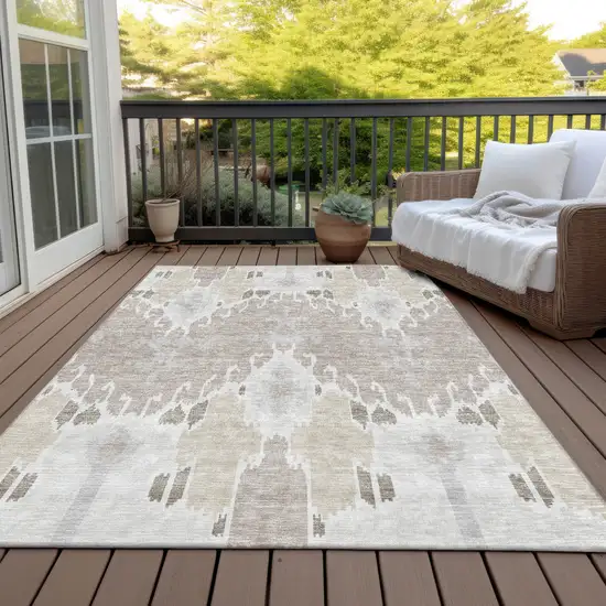 Ivory Beige And Taupe Ikat Washable Indoor Outdoor Area Rug Photo 6