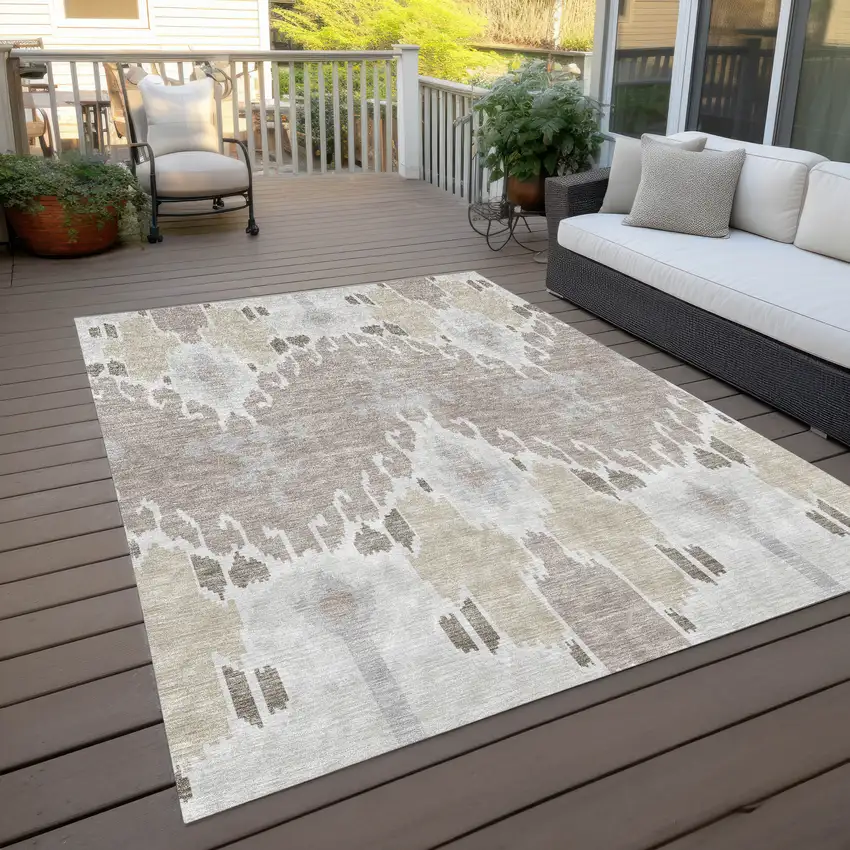 Ivory Beige And Taupe Ikat Washable Indoor Outdoor Area Rug Photo 9