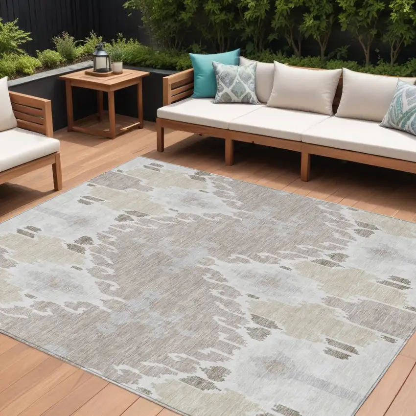 Ivory Beige And Taupe Ikat Washable Indoor Outdoor Area Rug Photo 1