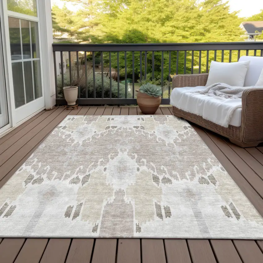 Ivory Beige And Taupe Ikat Washable Indoor Outdoor Area Rug Photo 6
