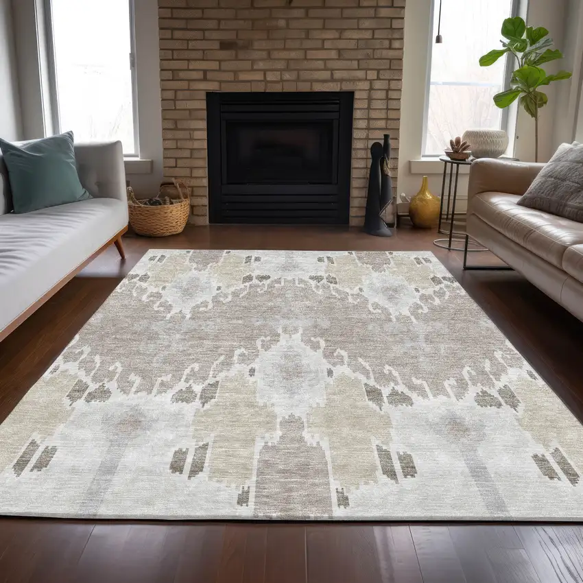 Ivory Beige And Taupe Ikat Washable Indoor Outdoor Area Rug Photo 9