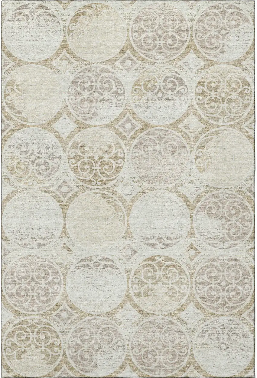 Ivory Beige And Taupe Medallion Washable Area Rug With UV Protection Photo 4
